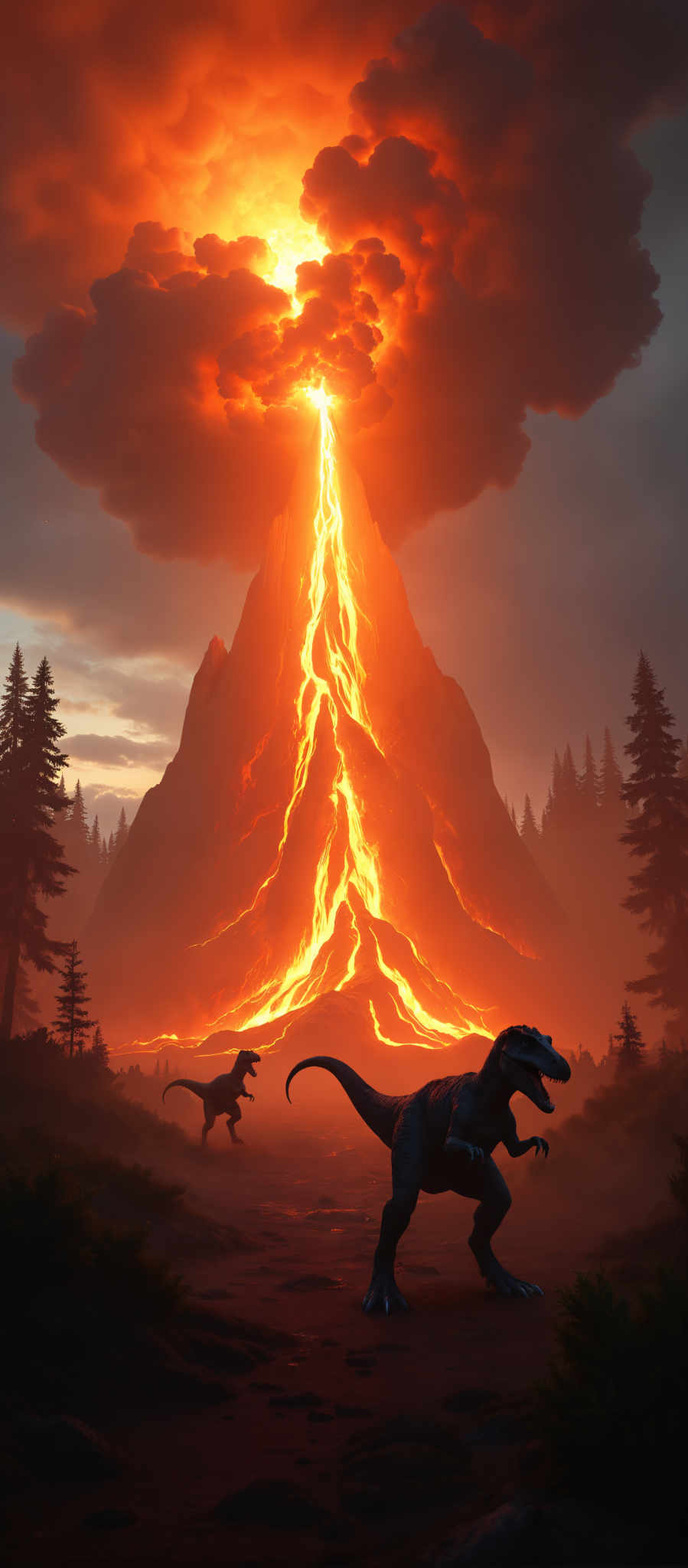 A scene of two dinosaurs one blue and one green standing in front of a large orange and red volcano.