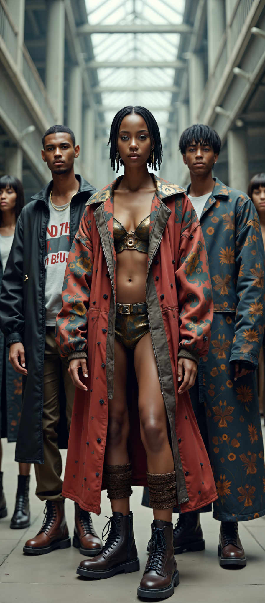 A woman in a gold bra and a long red coat stands in front of three other people.