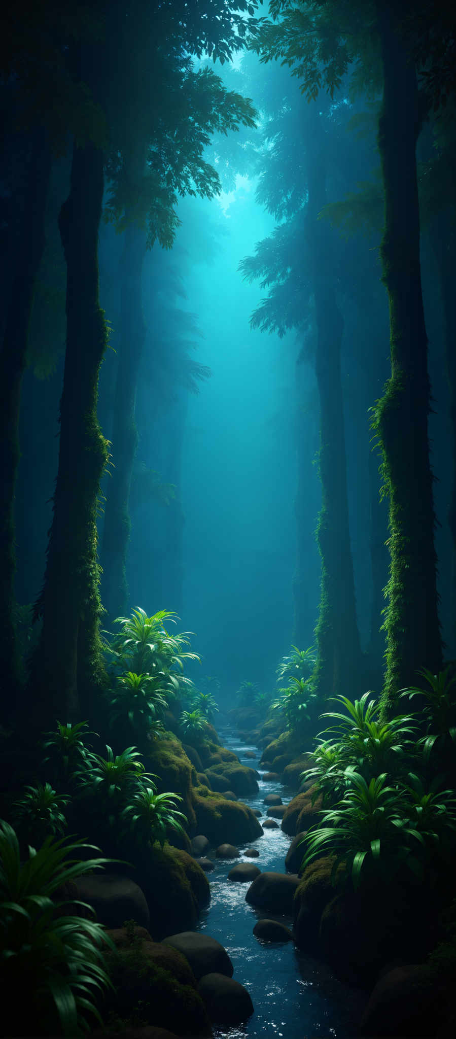 A dense forest with tall trees and green plants. The trees are covered in moss and the plants are green. The forest is illuminated by a blue light.