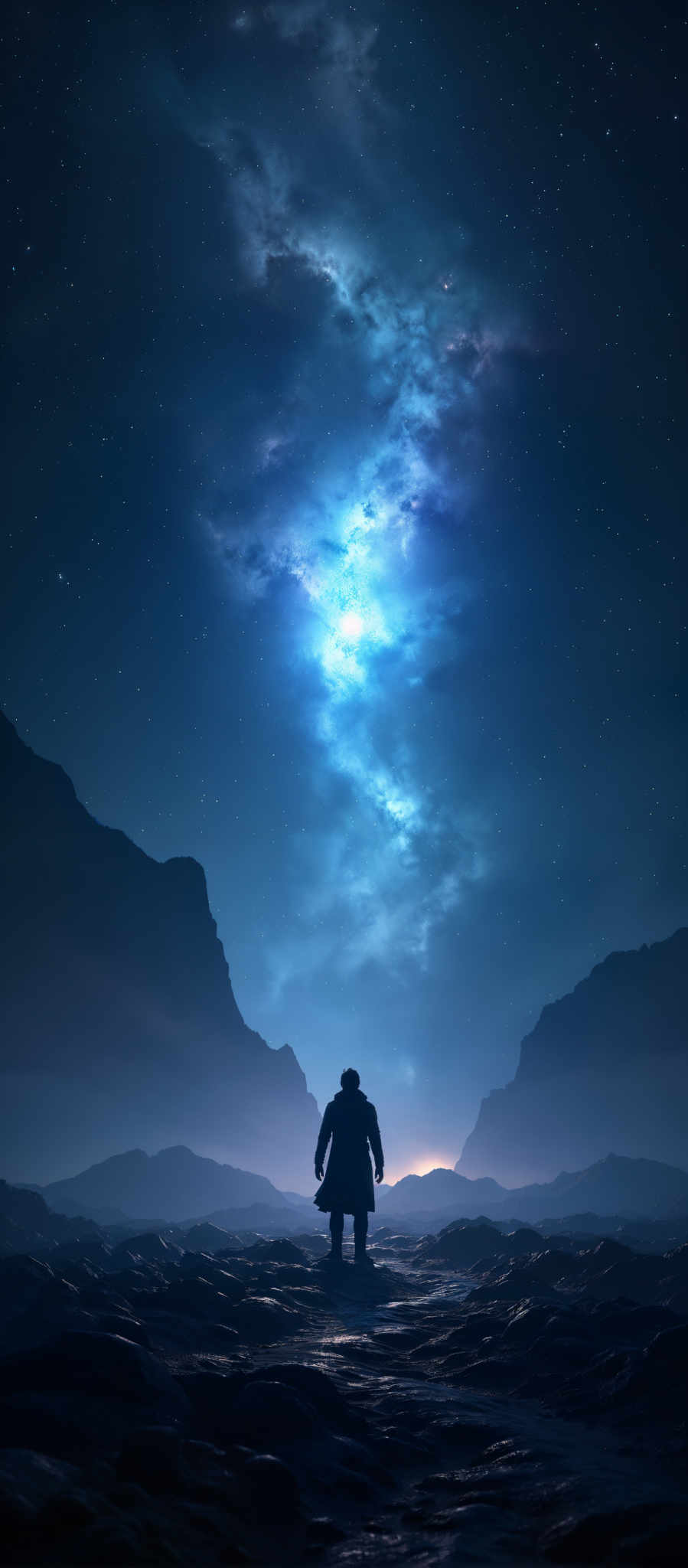 A person stands in front of a mountain range under a starry sky.