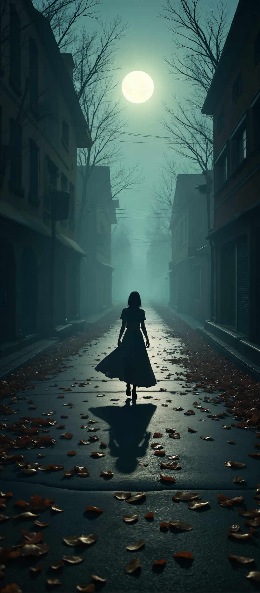 A woman in a long dress walks down a street lined with buildings.