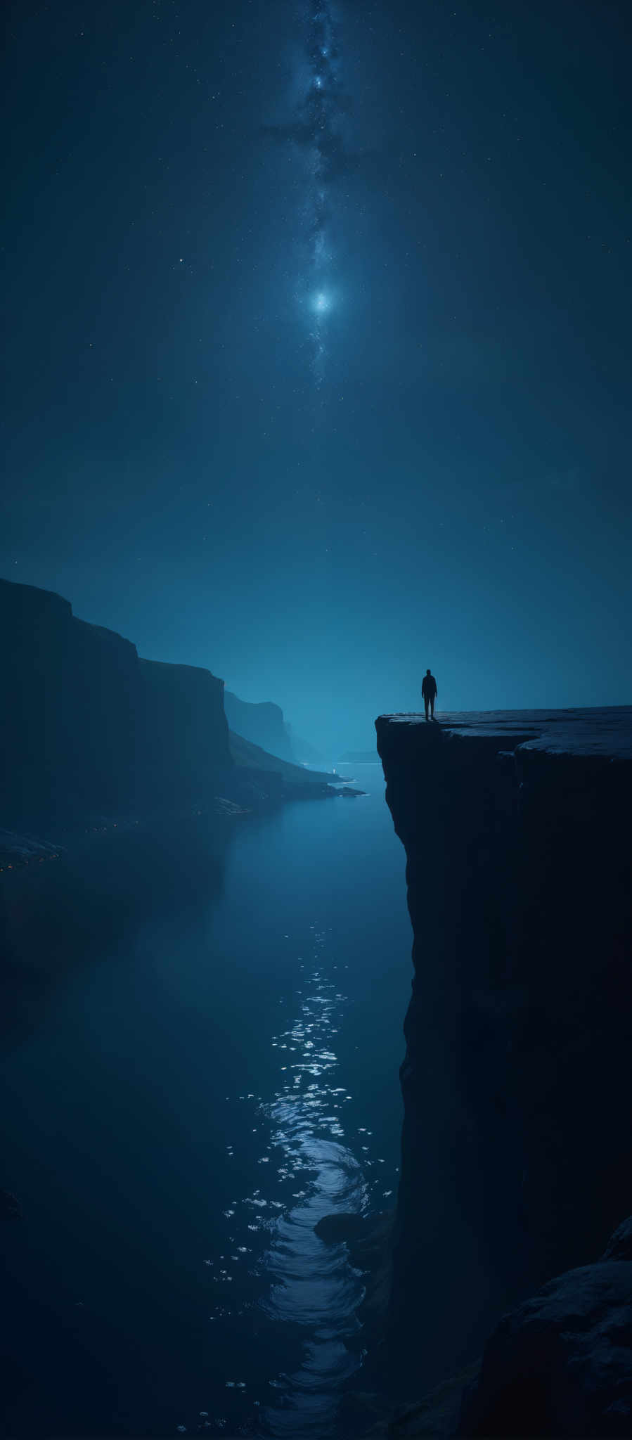 A man stands on a cliff overlooking a body of water.