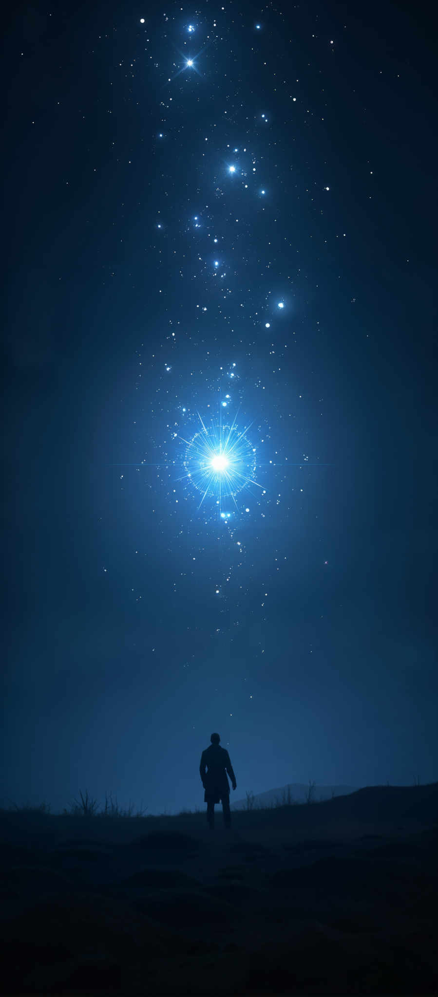 A bright blue star in the night sky.