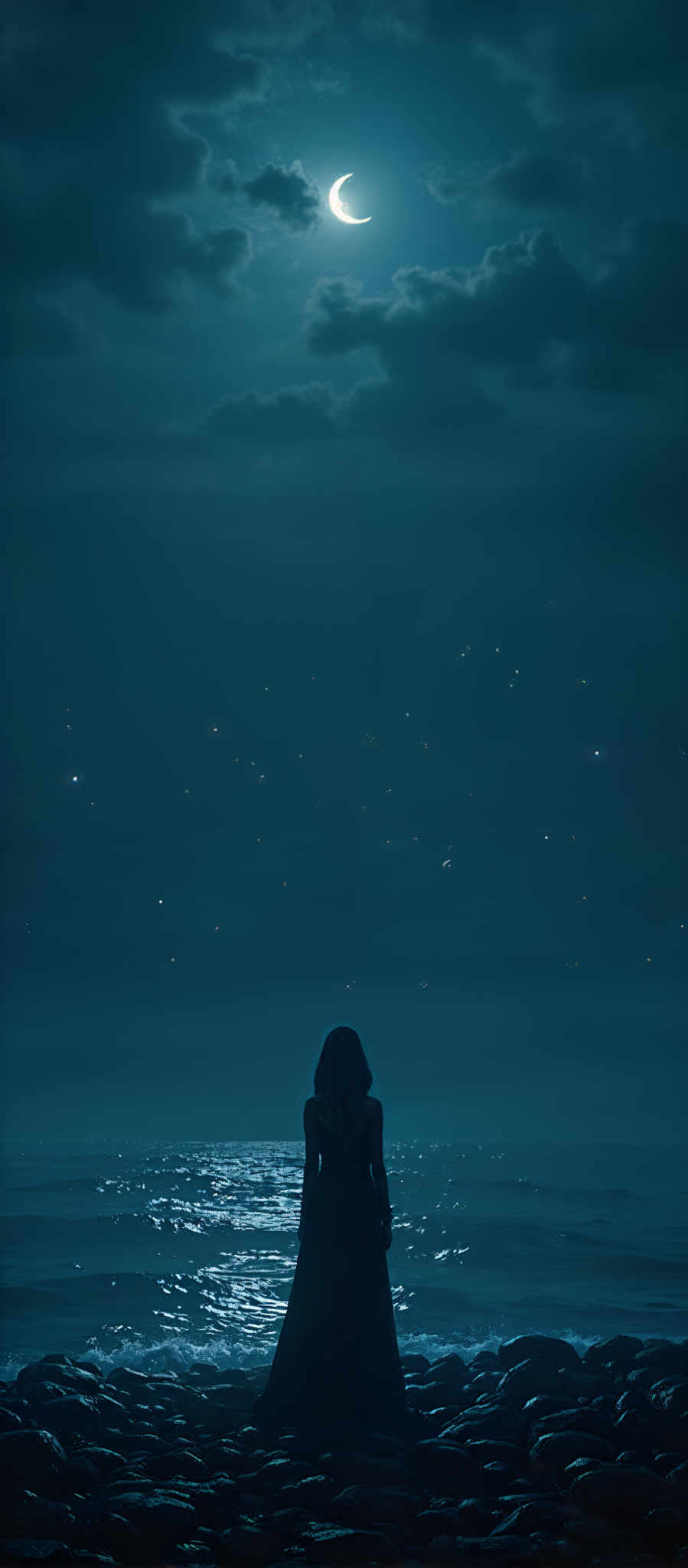 A woman in a black dress sits in the middle of a field of stars.