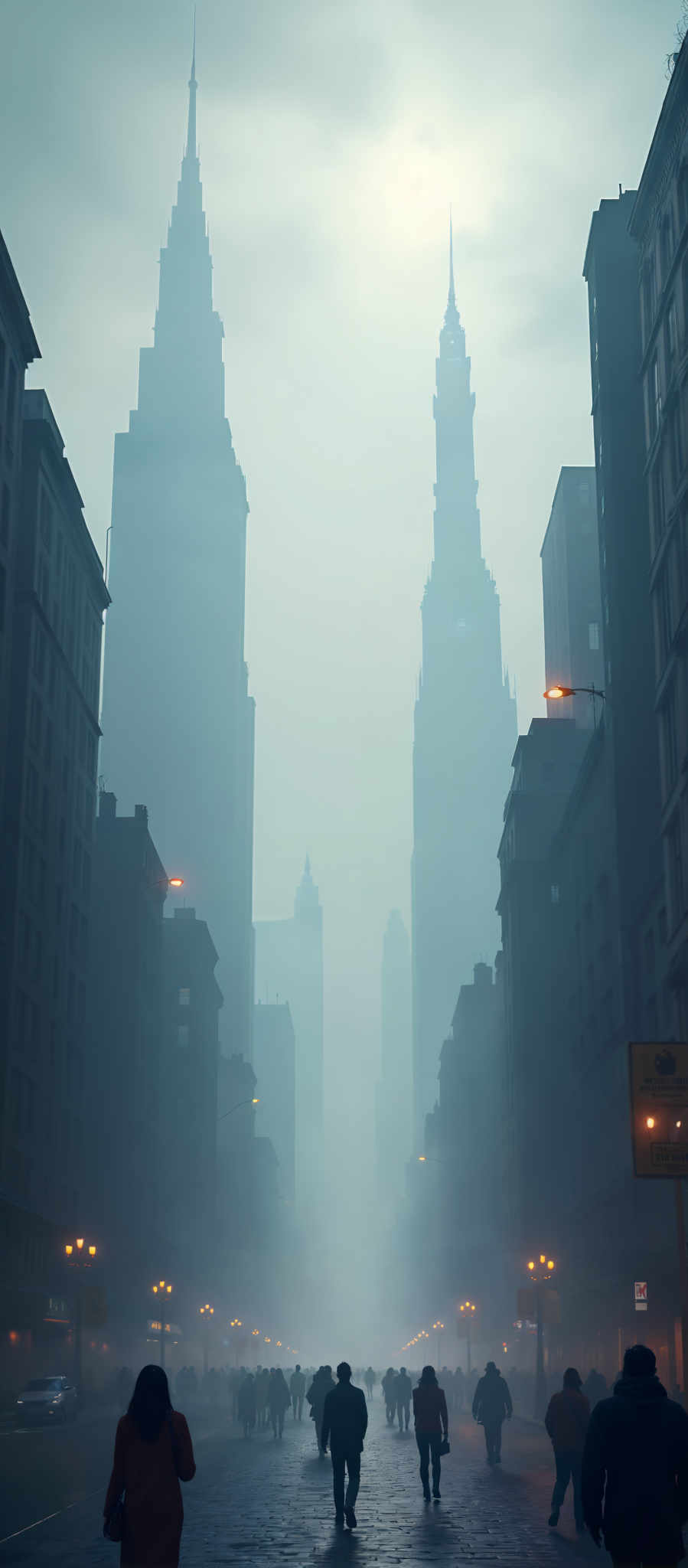 A city street with tall buildings and a clock tower in the background.