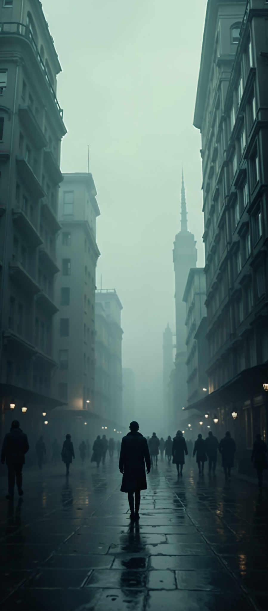 A foggy city street with a tall building in the background.