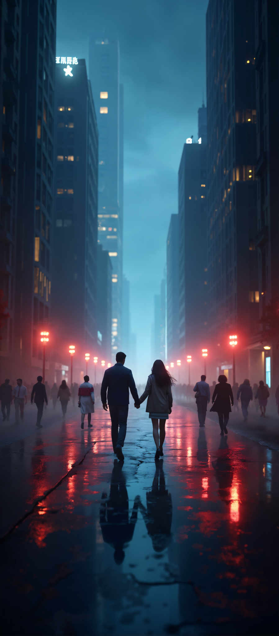 A couple walking down a foggy street at night.