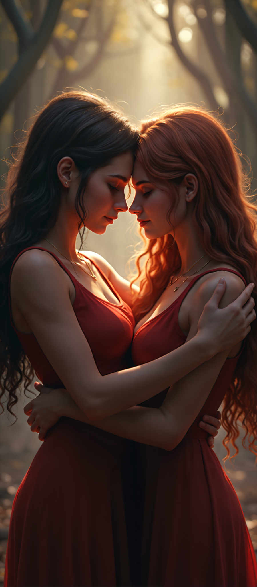 Two women in red tank tops are hugging each other.