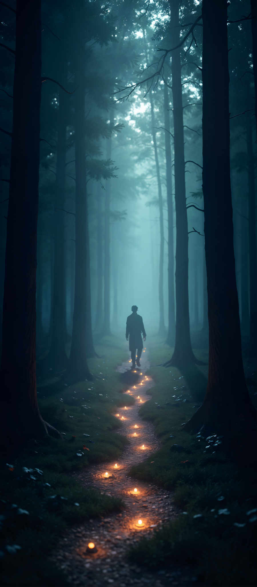 A man is walking down a path in a forest at night. The path is lit by small lights.