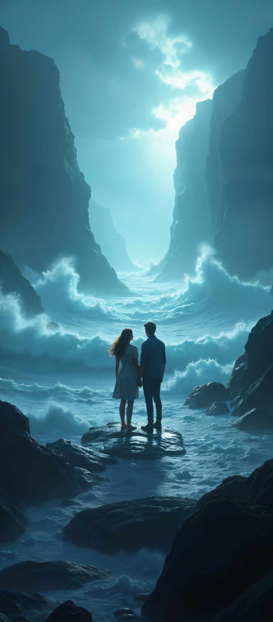 A man and woman stand on a rock in the ocean with a large wave behind them.