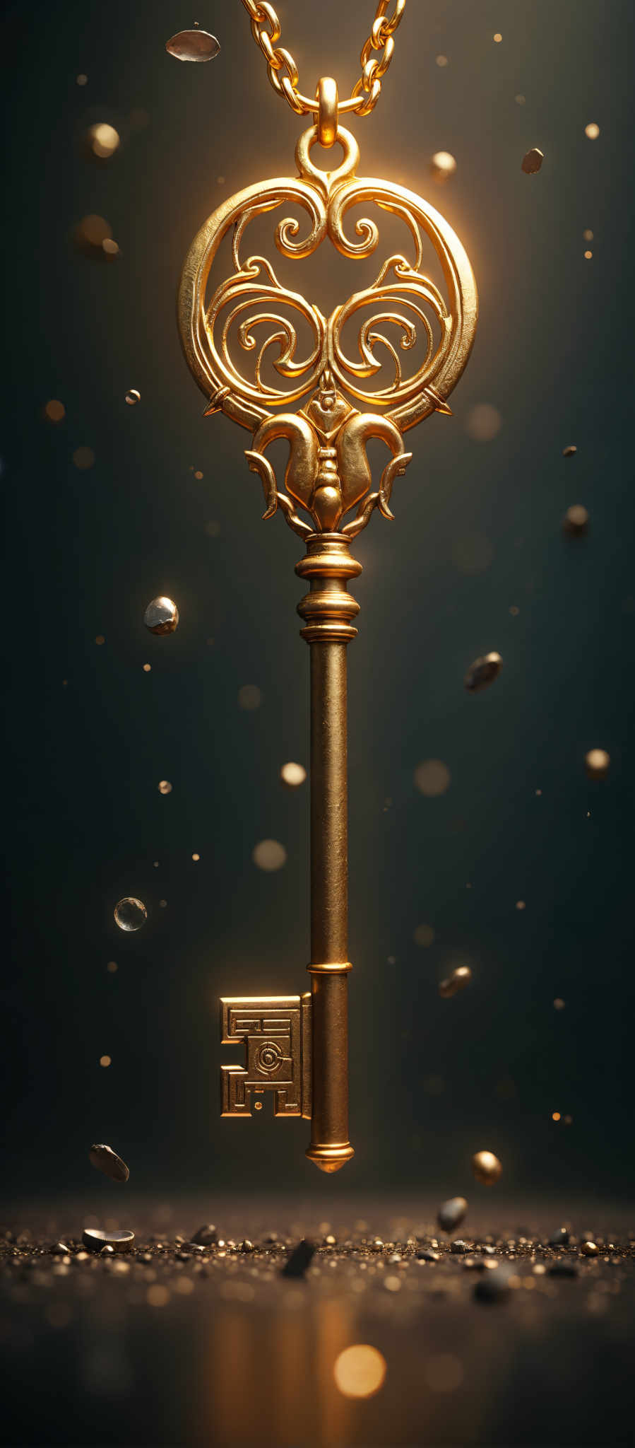 A golden key with a dragon head on top and a shield on the bottom.