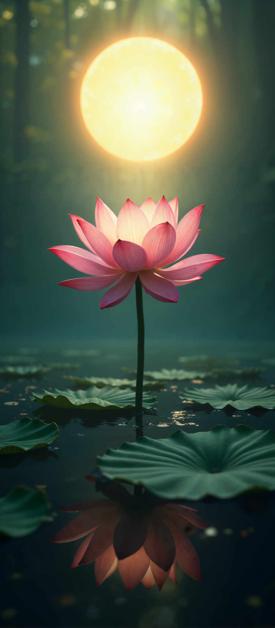 A pink lotus flower with a yellow center is floating on a pond.