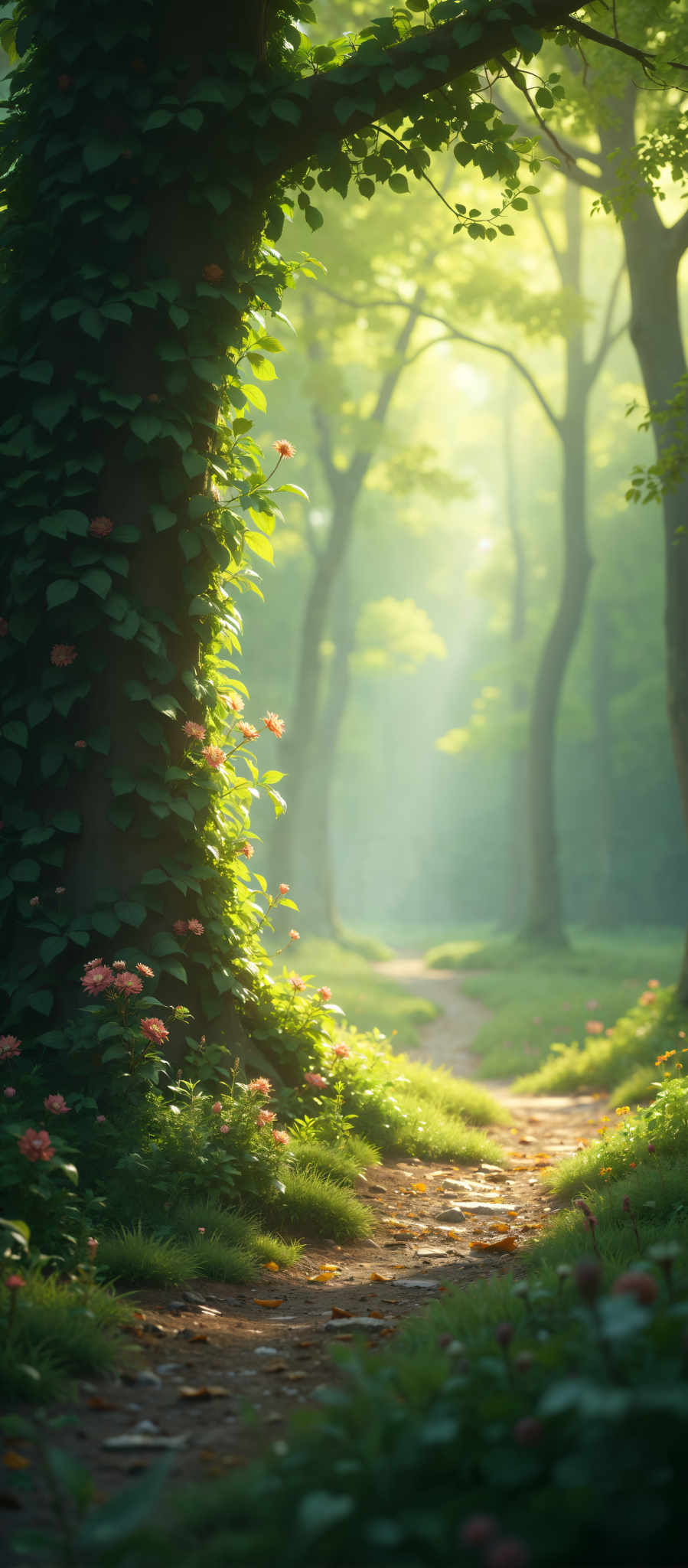 A serene forest scene with a winding path through the trees. The trees are adorned with pink flowers and green leaves. The path is lined with a variety of trees including oak and maple and is surrounded by a carpet of grass and wildflowers. The sun is shining through the leaves casting dappled light on the path. The colors in the image are vibrant and natural with the green of the leaves and grass contrasting beautifully with the pink flowers. The image captures the tranquility and beauty of nature.