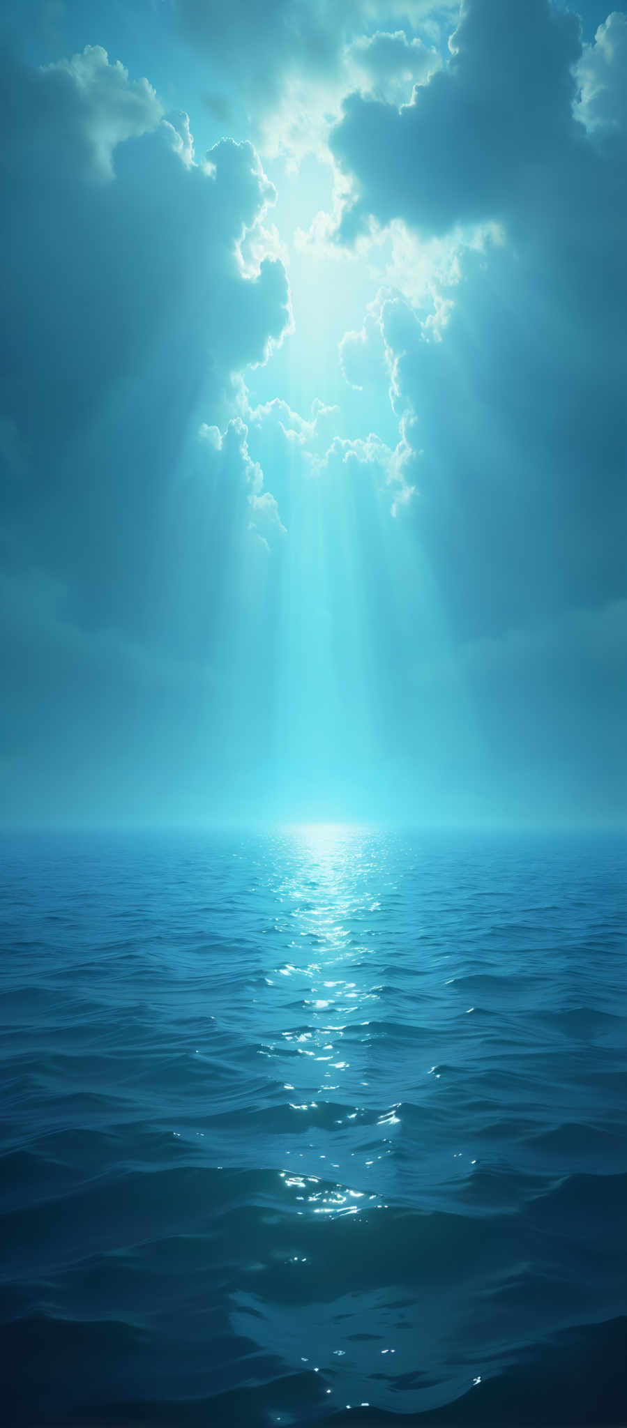 A serene image of a blue ocean with a bright light shining in the sky.