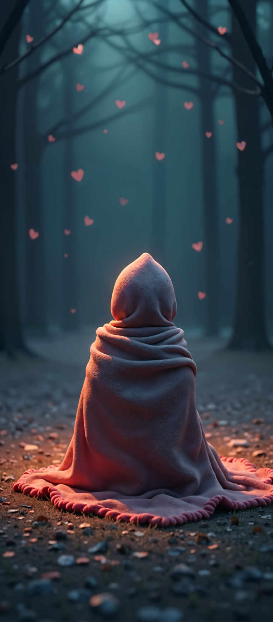 A person in a hooded cloak stands in a forest of trees with hearts floating in the air.