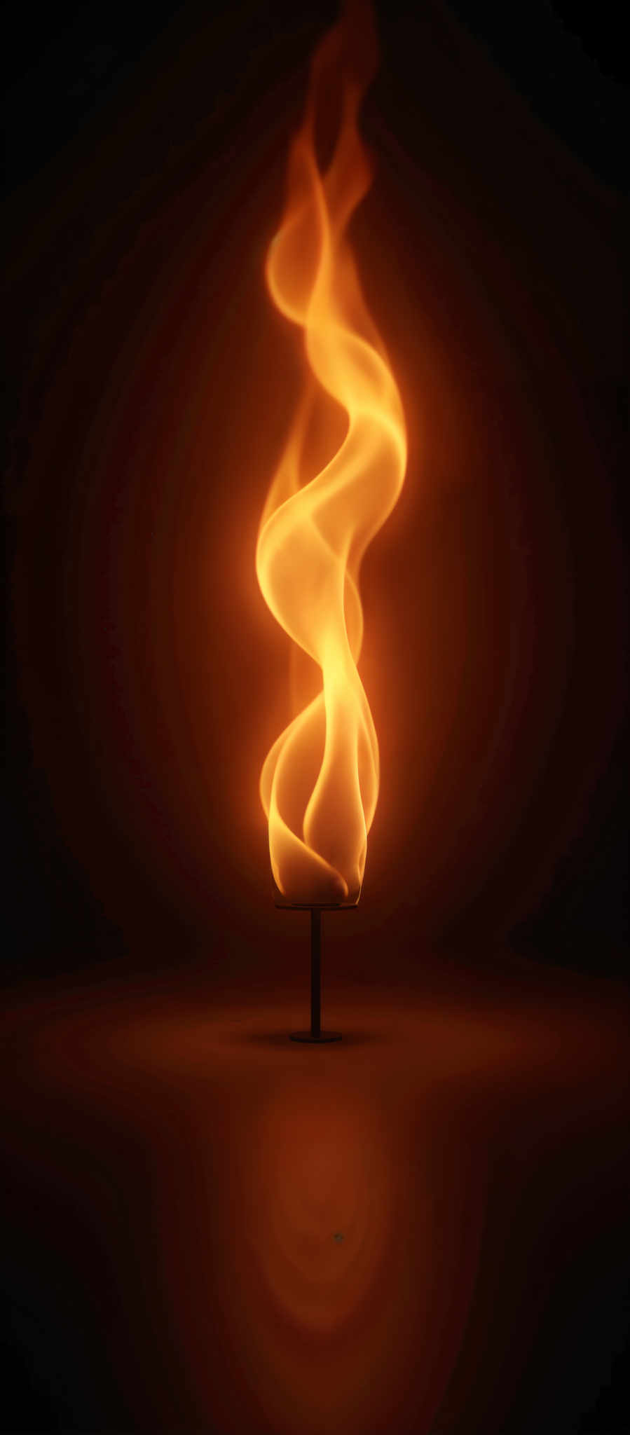 A flame flickers in the wind dancing and twisting in an orange hue. The flame is tall and thin with a small base that supports it. The background is dark providing a stark contrast to the bright orange of the flame. The image captures the dynamic movement of the fire with the flame appearing to twist and turn in the breeze. The overall effect is a captivating depiction of a single dancing flame.