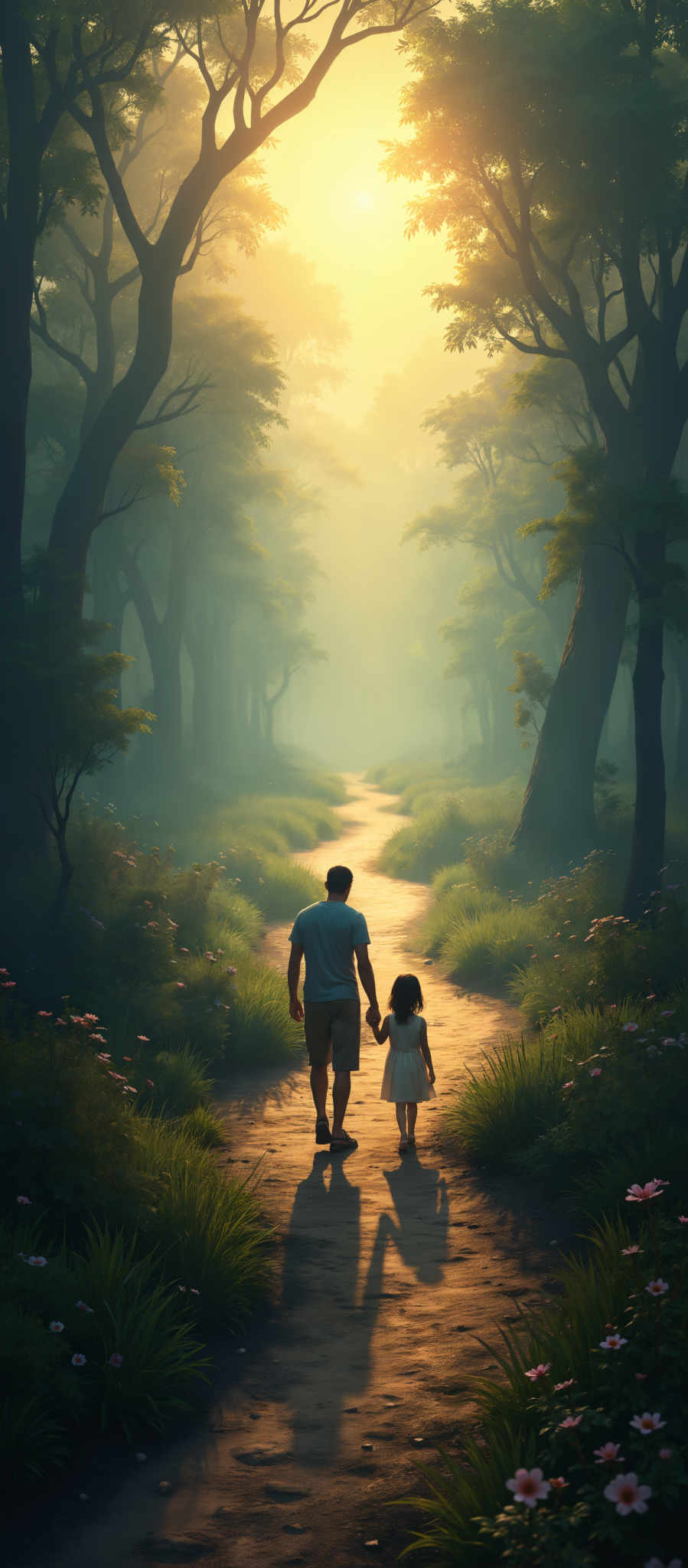 A man and a child walking down a path in a forest.