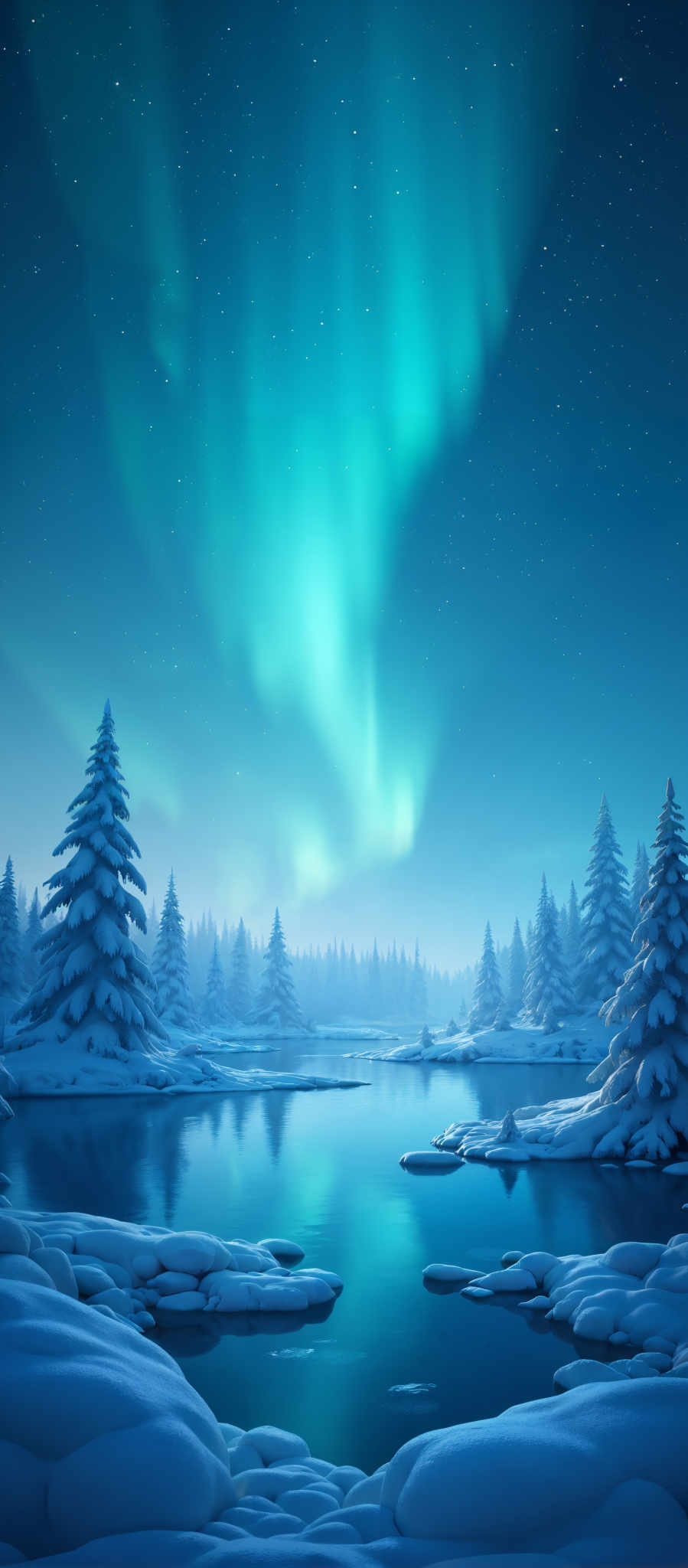 A serene winter scene with a lake snow covered trees and a bright blue sky with a green lightening bolt in the center.