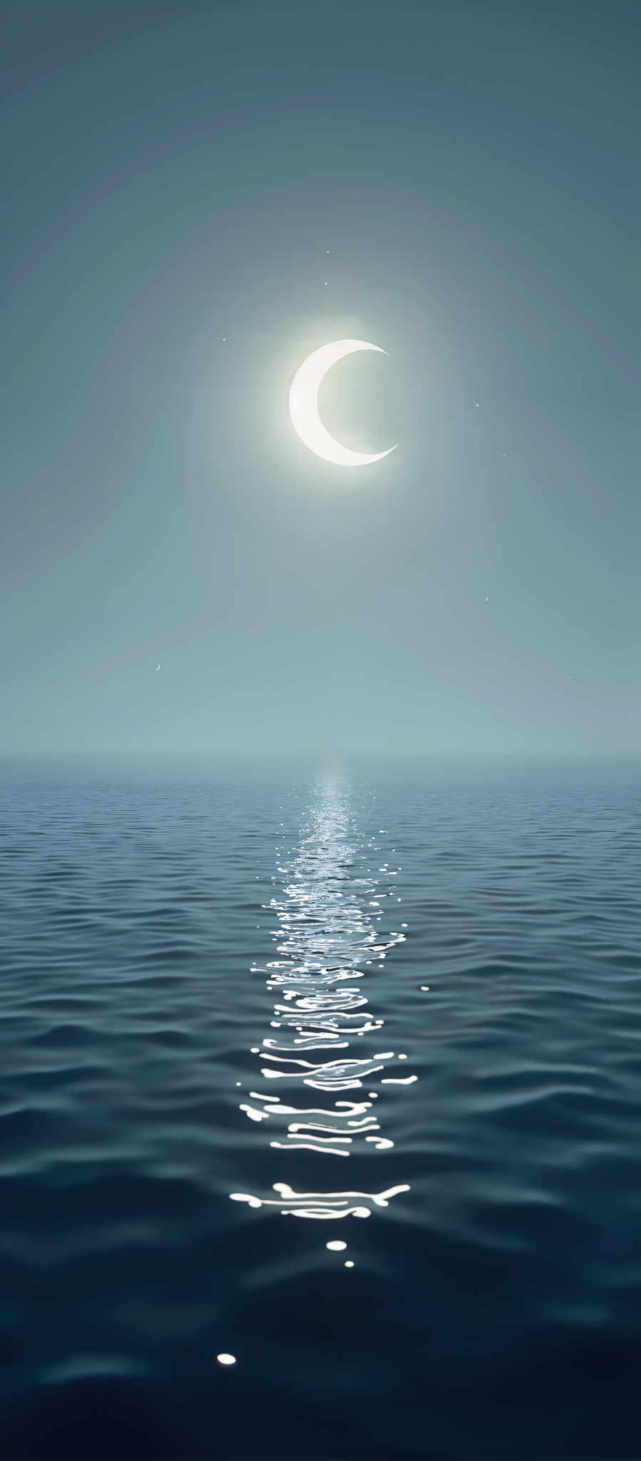 A serene image of a blue ocean with a full moon and a crescent moon in the sky.