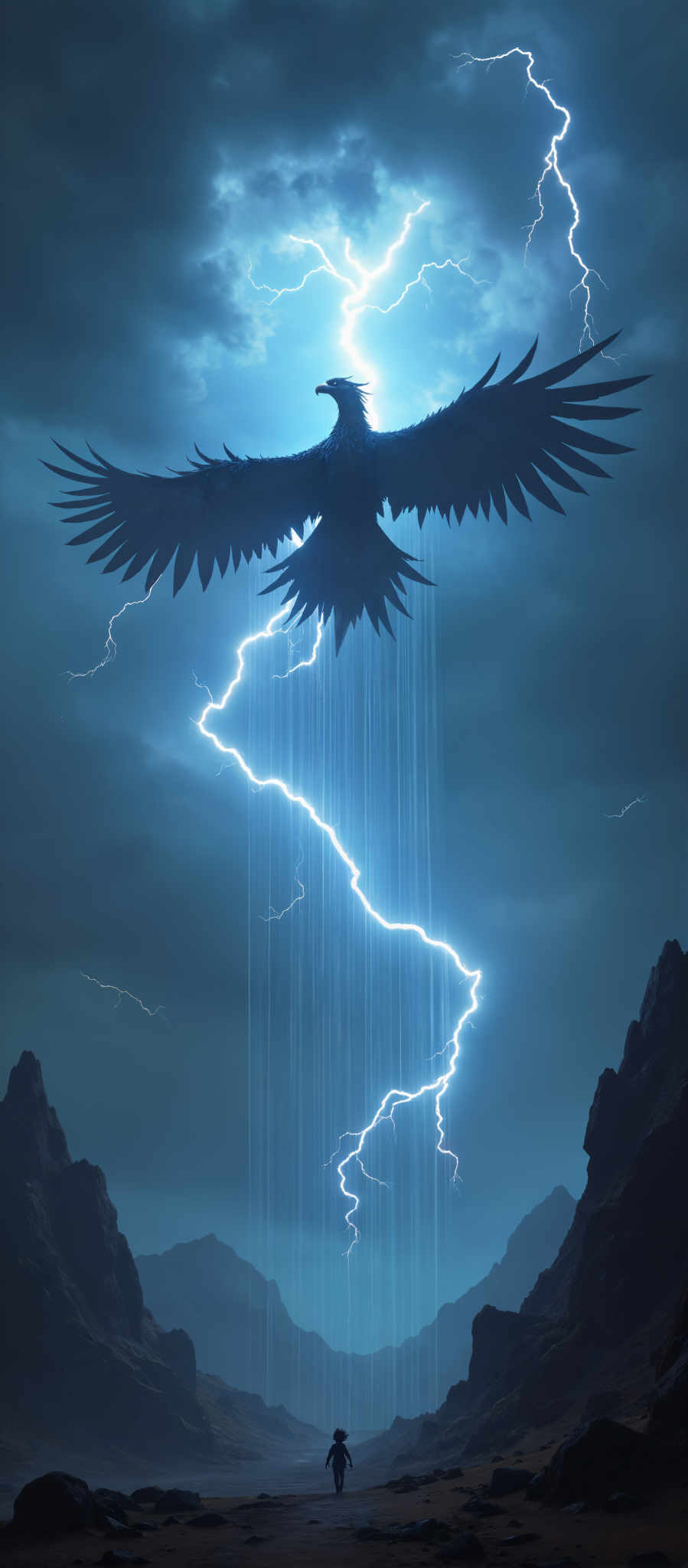 A bird with a blue sky and lightning bolts in the background.