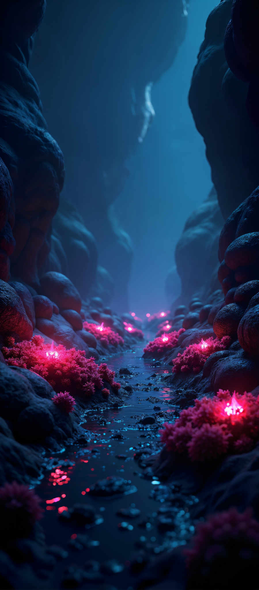 A dark cave with pink flowers and rocks.