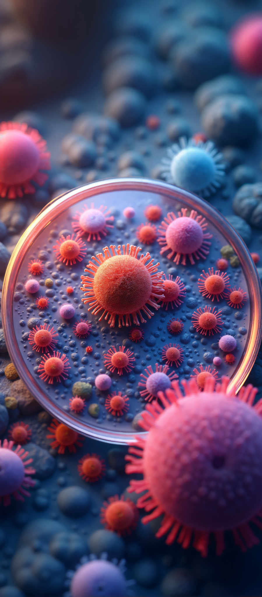 A microscopic view of a virus with a pink center surrounded by smaller pink and blue viruses.