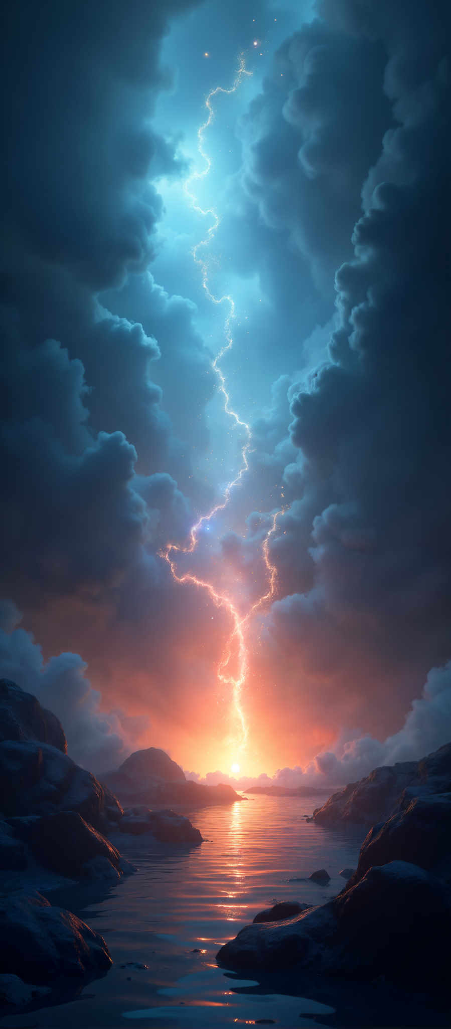 A dramatic scene of a bright orange sunset with a large bolt of blue lightning striking the sky.