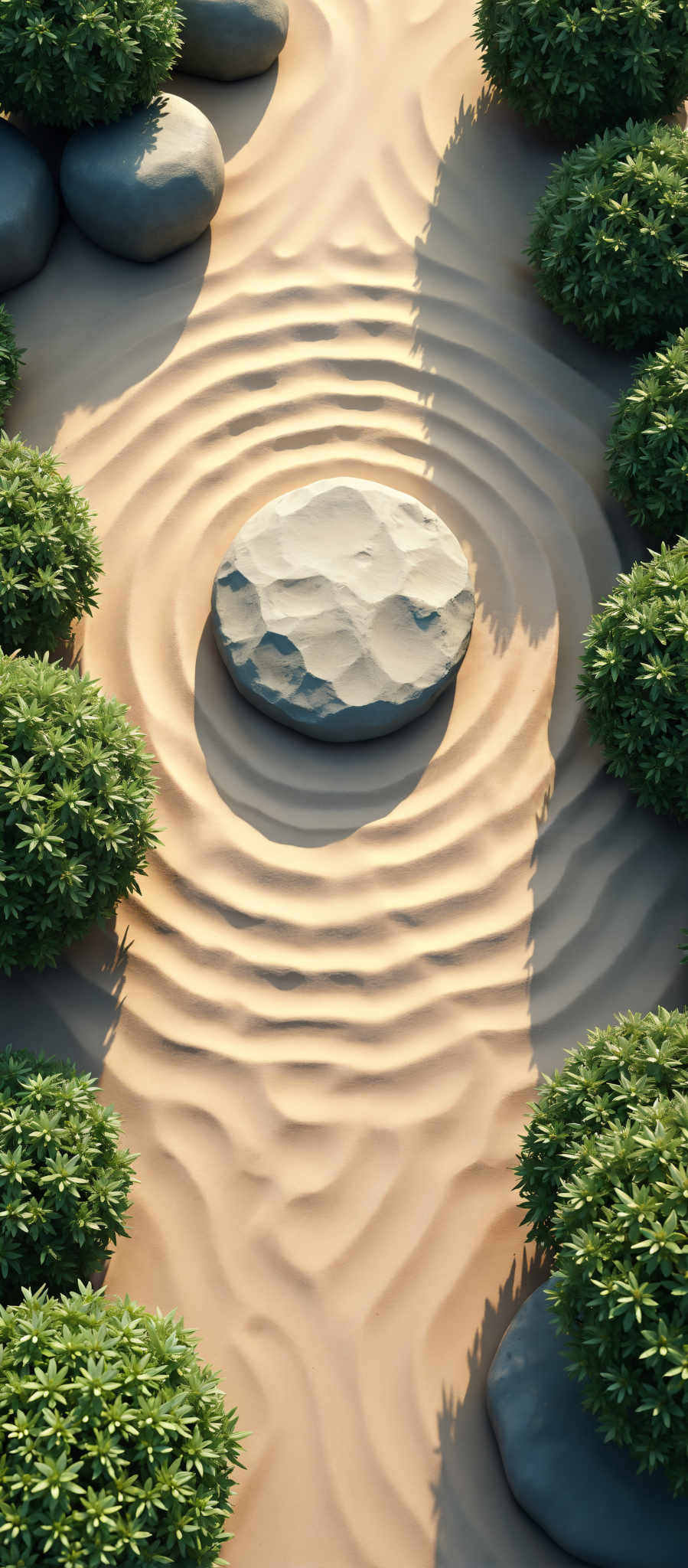 A white marble sphere sits in the center of a desert-like landscape. The sphere is surrounded by sand dunes and a few small bushes. The sand dune patterns are swirling and the bushes are green. The image is a 3D rendering.