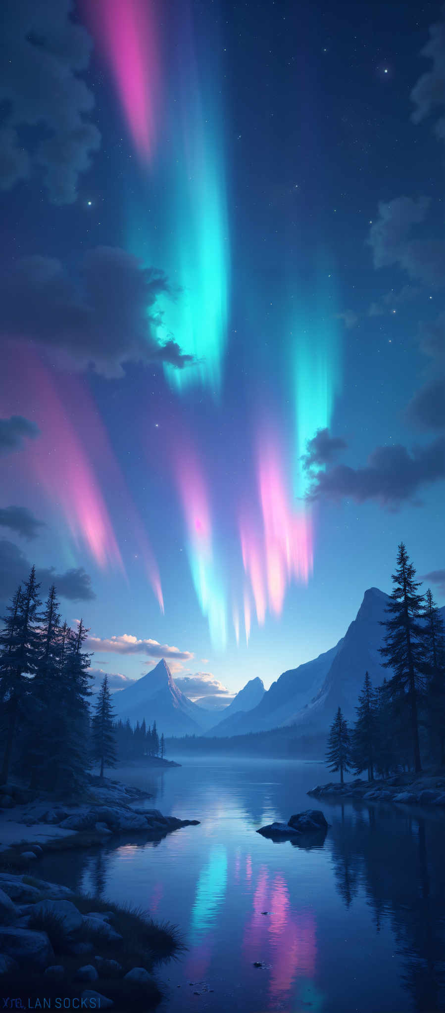 A beautiful view of a mountain range with a sky full of colorful lights.