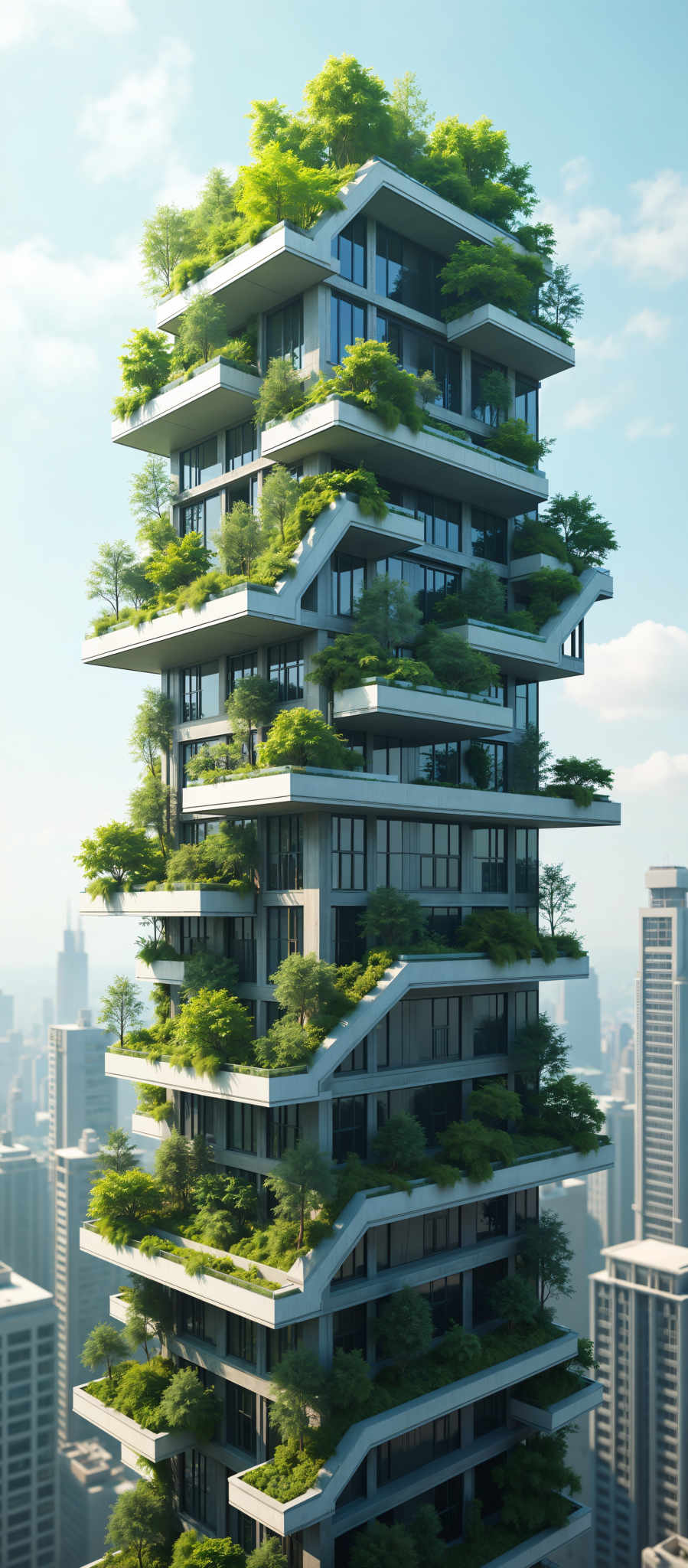 A tall building with a unique design covered in greenery. The building has multiple levels each with a balcony. The balconies are adorned with trees and plants creating a natural oasis in the middle of the city. The sky above is a clear blue and the city skyline can be seen in the background. The image is a beautiful representation of urban green spaces and sustainable architecture.