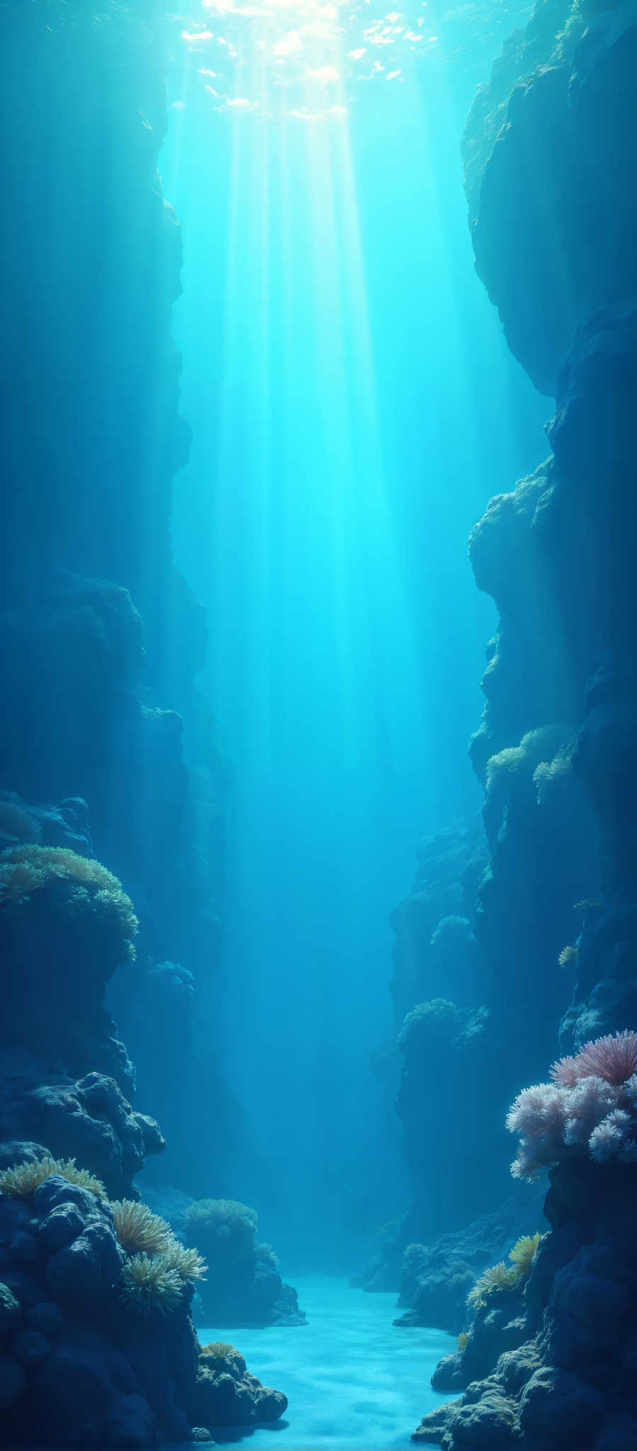 A deep blue underwater scene with coral and a bright light in the center.