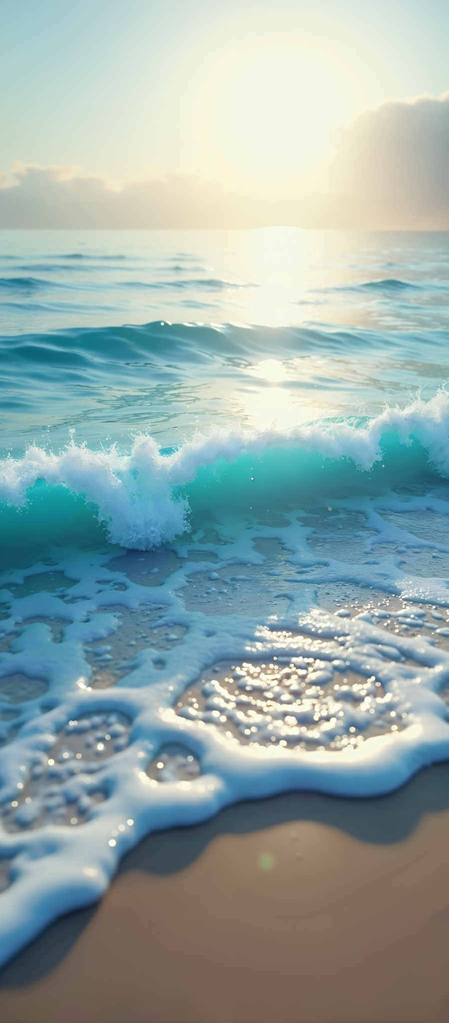 A beautiful beach scene with a wave crashing on the shore.