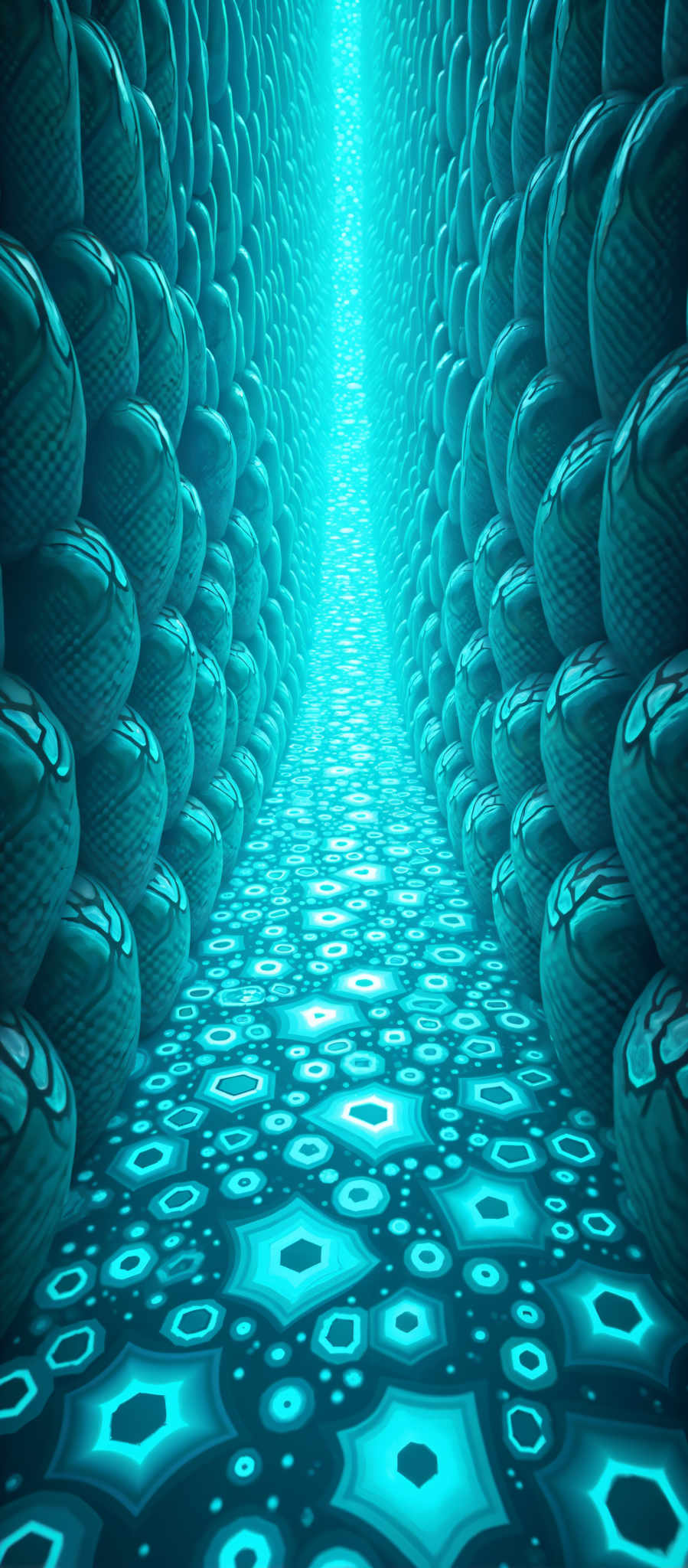 A digital image of a tunnel made up of blue and white circles.