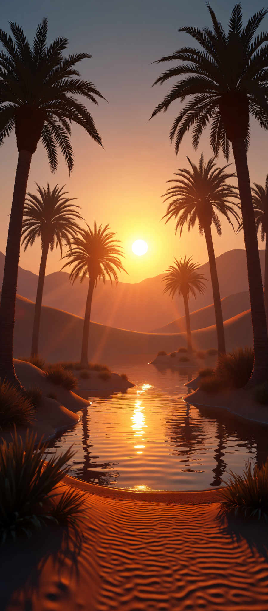 The image captures a serene sunset over a mountain range. The sky is painted with hues of orange and yellow with the sun setting behind the mountains. The mountains themselves are a mix of brown and green with patches of snow visible on the peaks. 

In the foreground there are palm trees with brown trunks and green leaves. The trees are scattered around a body of water which is a dark blue color. The water appears calm and still reflecting the colors of the sunset.

The image does not contain any text or discernible actions. The relative positions of the objects are such that the palm trees are closer to the viewer than the mountains and the mountains are closer than the sun. The sun is located behind the mountain range indicating that the image was taken during sunset. 

This description is based on the visible content of the AI generated image and does not include any speculative or imaginary content.