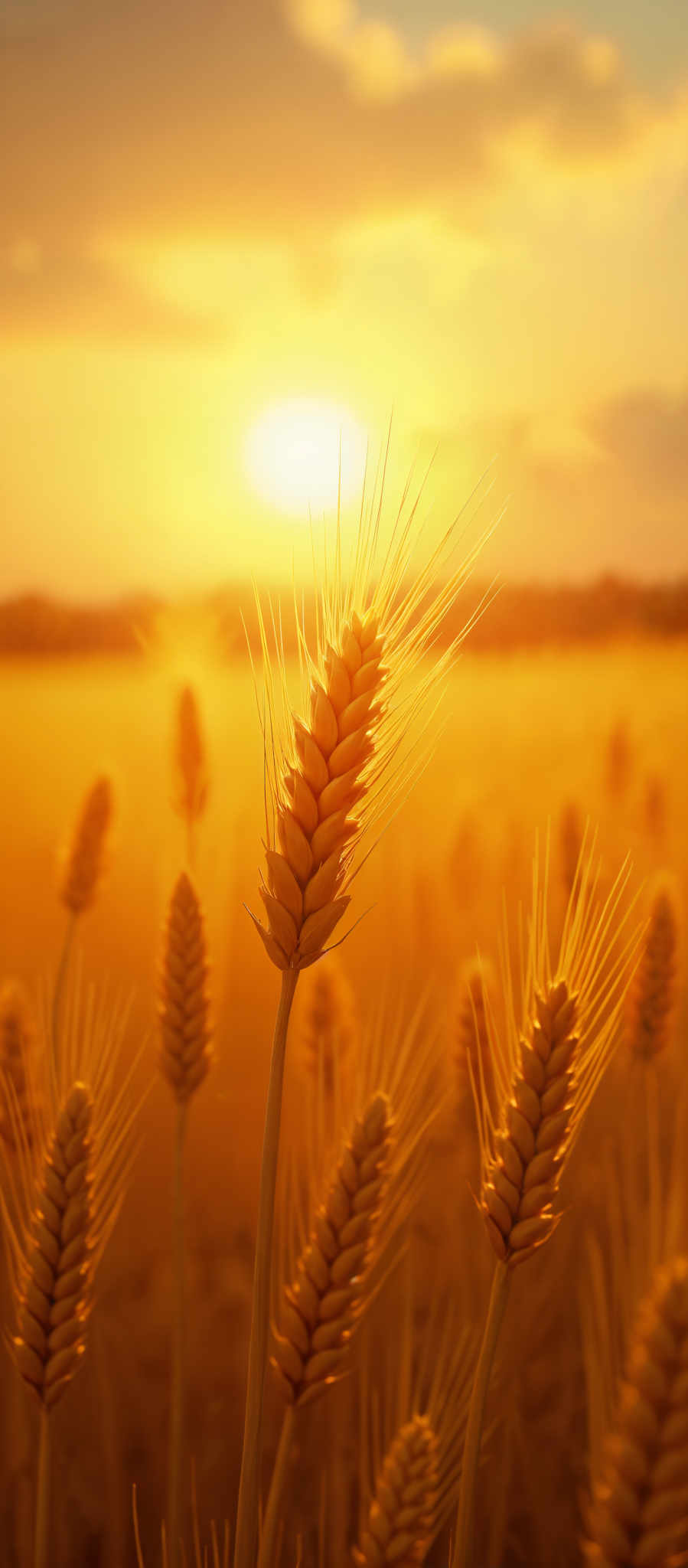 A field of golden wheat with the sun shining in the background.