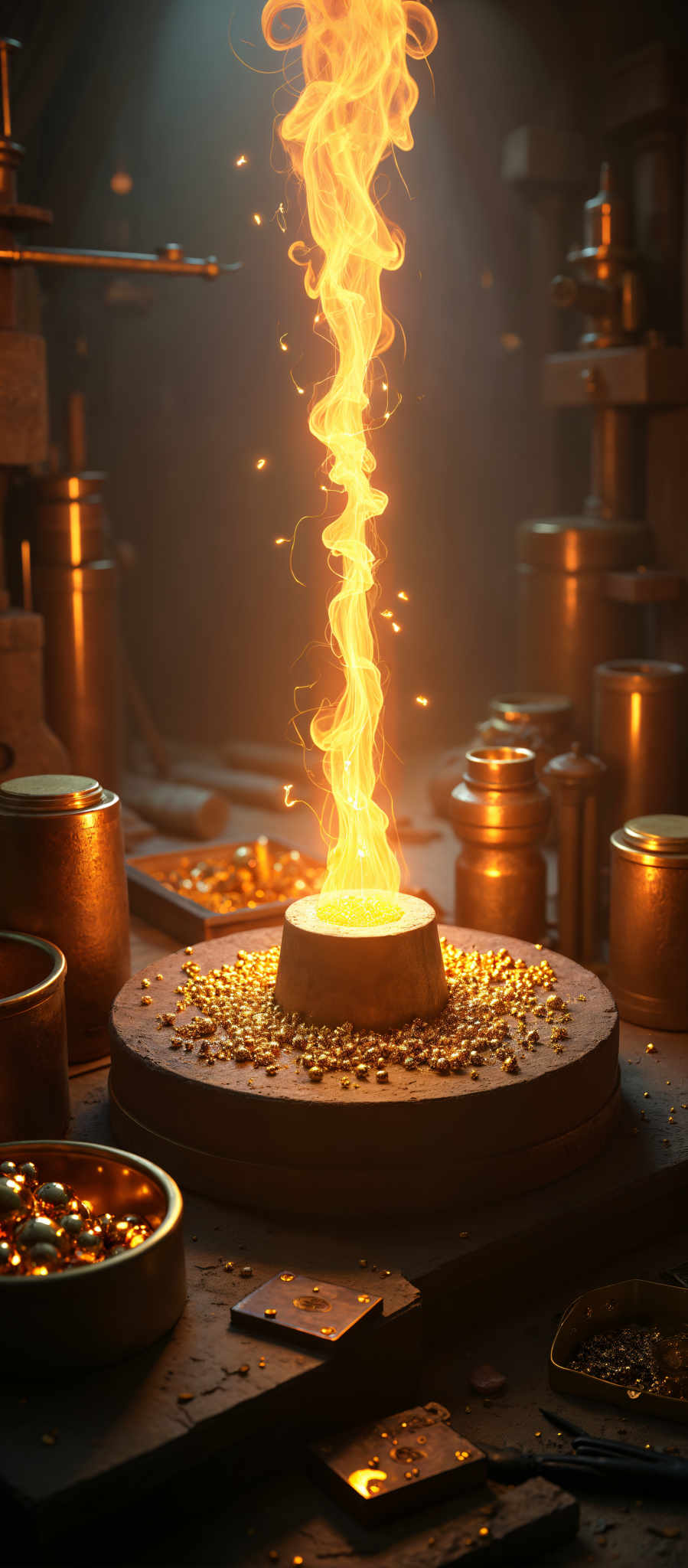 A fire burns brightly in a glass beaker casting a warm glow on the surrounding objects.