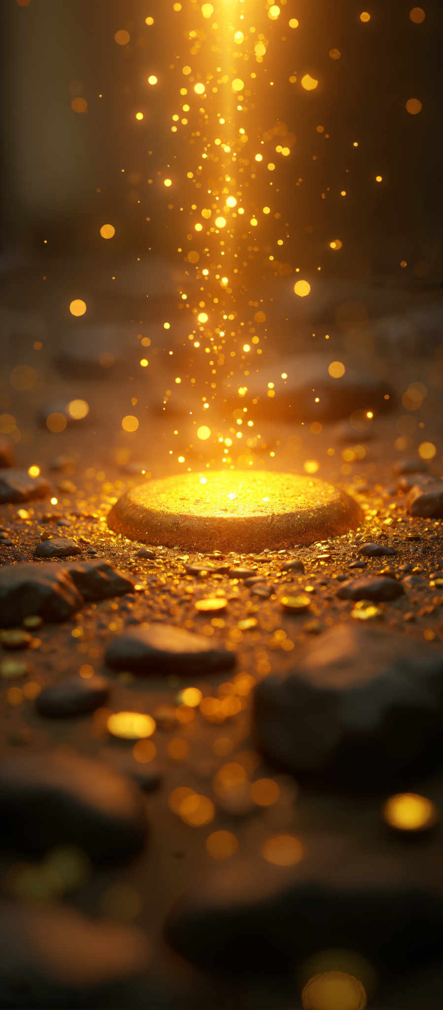 A golden coin is in the center of a pile of rocks.