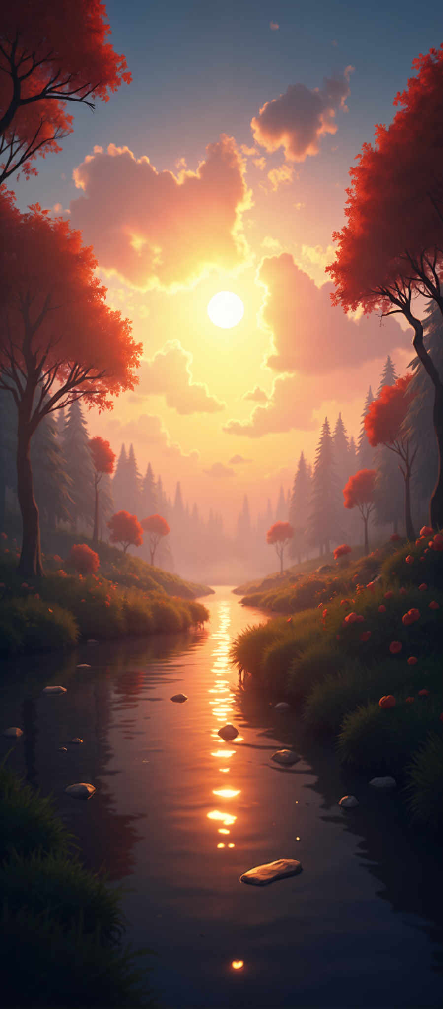 A serene forest scene with a river flowing through it. The river is surrounded by trees with red leaves and the water is calm. The sky is filled with clouds and a bright orange sun is shining through them. The sun is located in the center of the sky. The trees are tall and have green leaves. The forest is dense with trees and there are no other objects in the image.

The river is flowing from the top left corner of the photo to the bottom right corner. The water is clear and calm reflecting the colors of the surrounding trees and the sky.

The trees are located on both sides of the river with some on the left and some on both the left side and the right side. The leaves of the trees are red indicating that it might be autumn.

The sky is cloudy with the sun shining through the clouds. The clouds are located in various parts of the background creating a beautiful and serene atmosphere.

There are no people or animals in the photo and no man-made objects are visible. The image is a beautiful representation of nature with its colors and elements.