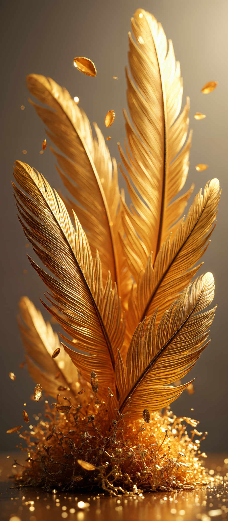 The image shows a close-up of a golden feather. The feather is long and thin with a pointed tip. It has a wavy texture and is made up of thin overlapping strands of gold. The background is a dark gray color. The image does not contain any text or other objects. The golden feather is the main focus of the photo.