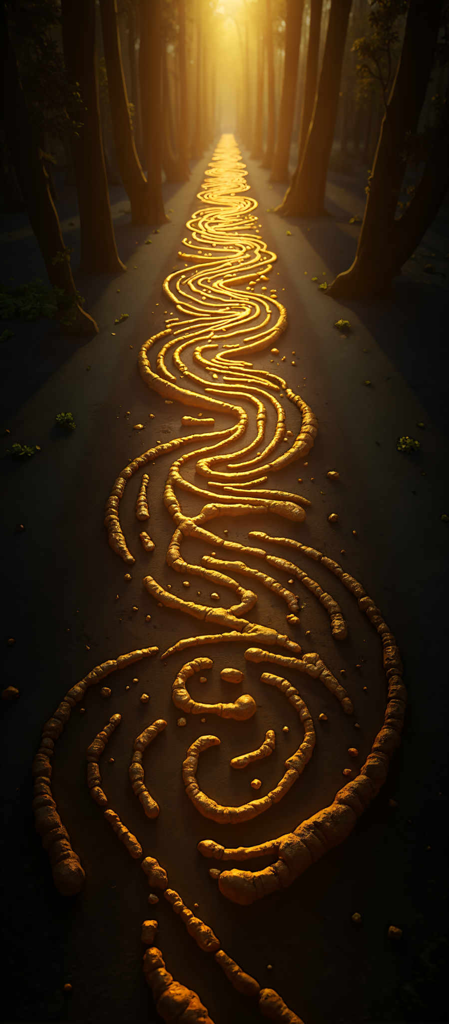 A spiral of golden leaves on a black background.