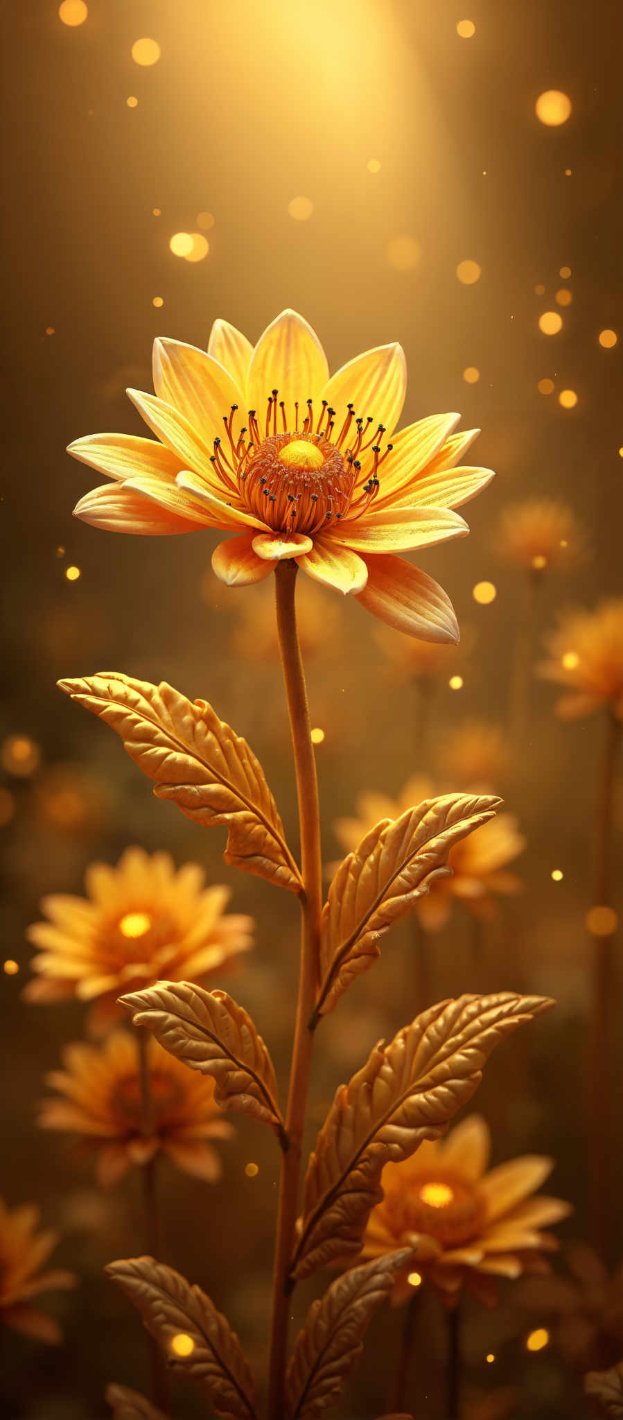 A beautiful yellow flower with a brown stem and leaves.