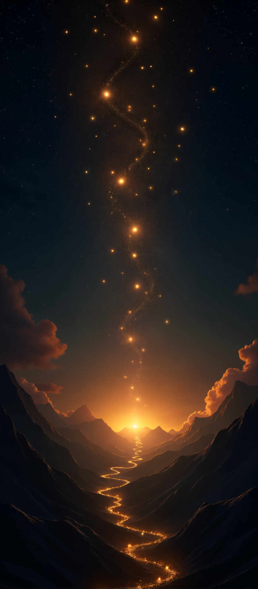 A beautiful view of a mountain range at sunset with a starry sky.