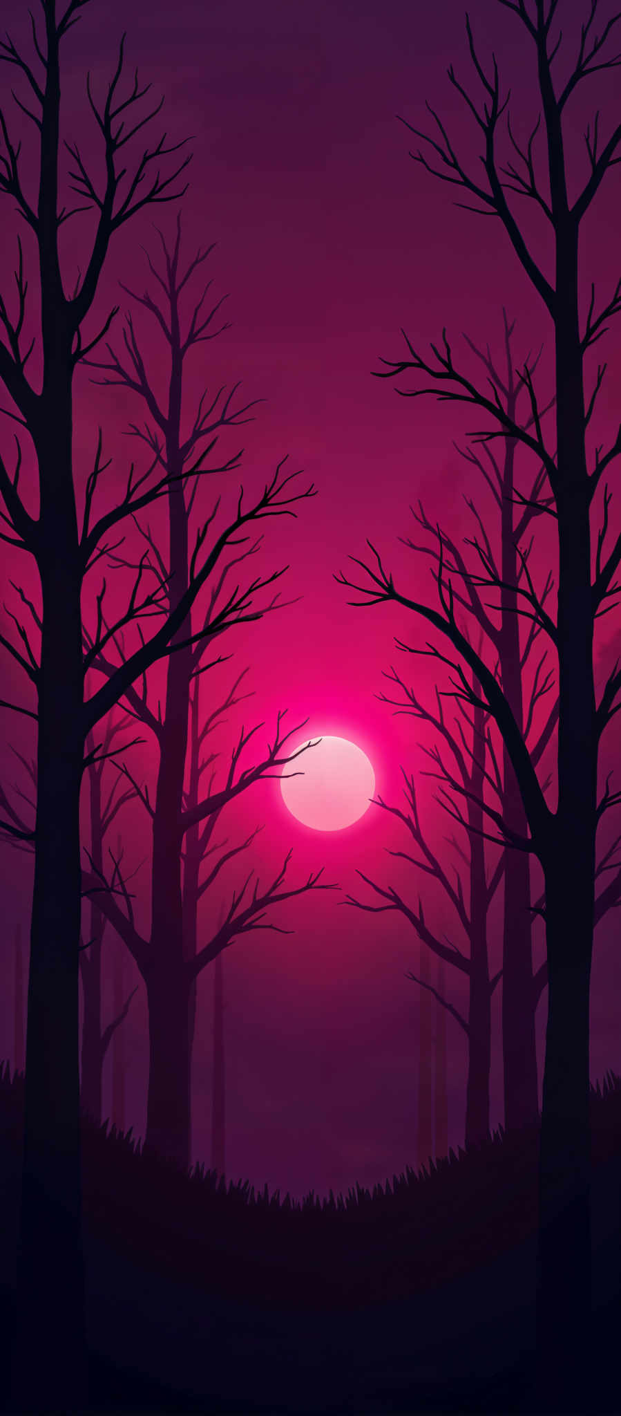 A dark purple sky with a full moon and a pink sunset.