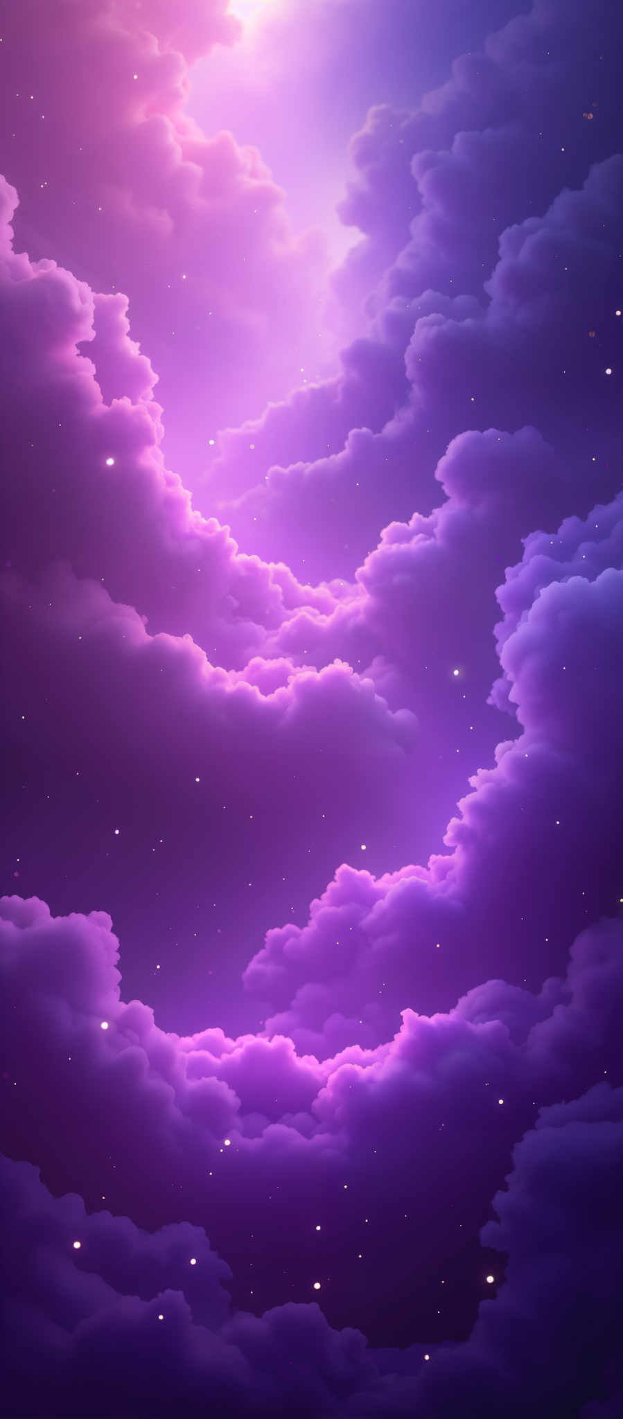 A purple sky with fluffy clouds and stars.