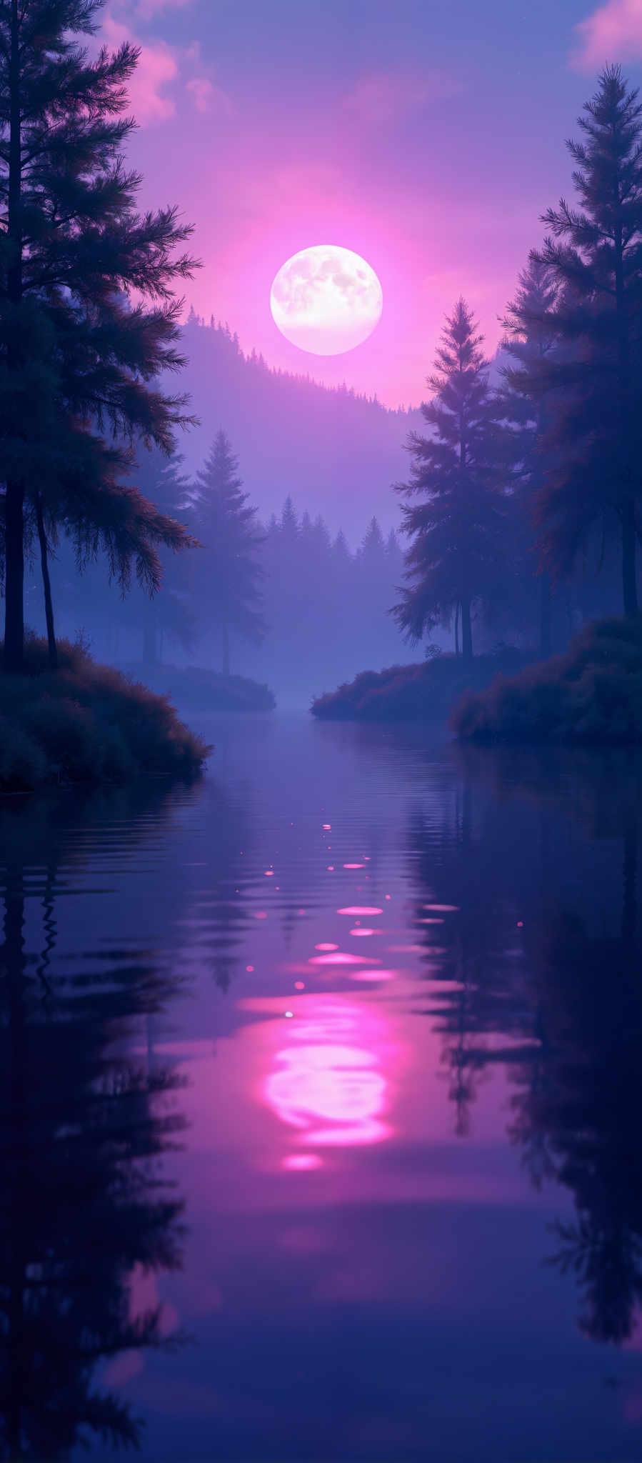 A serene scene of a lake at dusk with trees on the shore. The sky is painted in hues of purple and pink reflecting off the water's surface. The trees silhouetted against the sky add a sense of tranquility to the scene. The lake calm and still mirrors the vibrant colors of the sky. The image captures the beauty of nature in its purest form.