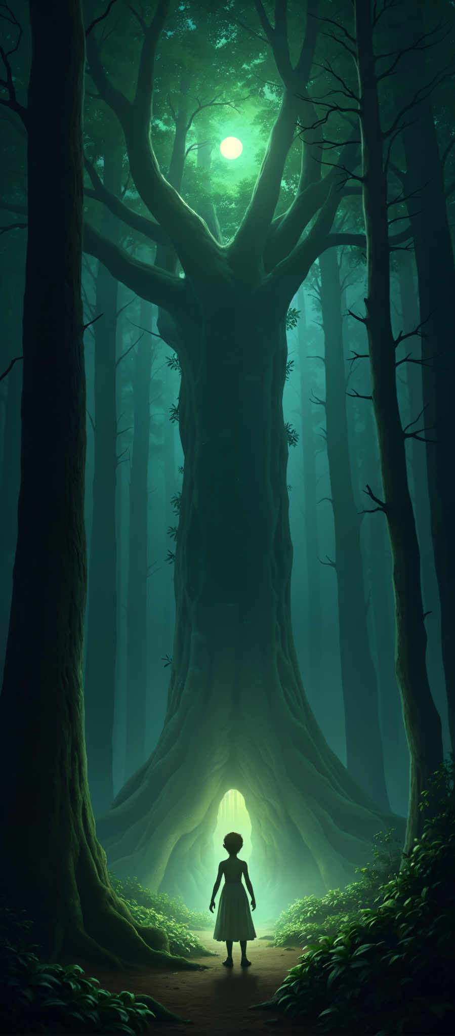 A forest scene with a large tree in the center. The tree is surrounded by smaller trees and has a green light at its base. The sky is dark and the trees are tall creating a mysterious atmosphere.