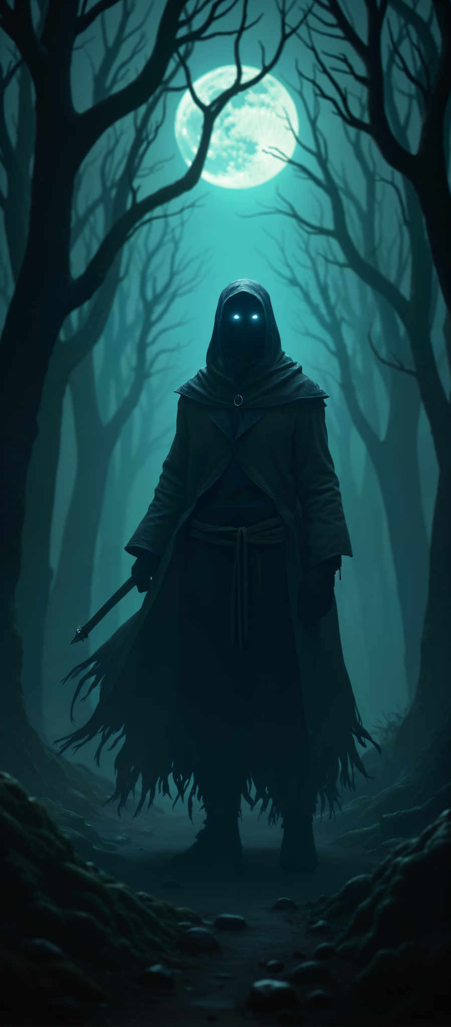 A person in a long coat and hood stands in a forest.