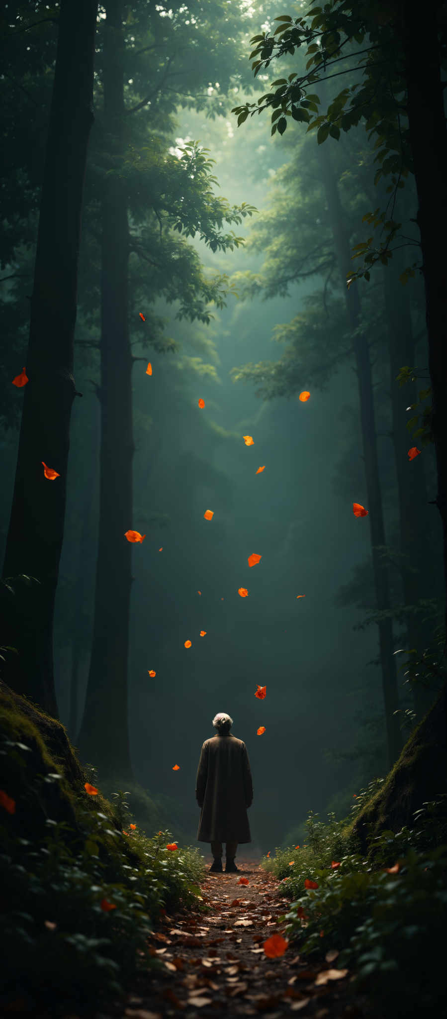 A forest scene with a person and orange leaves.