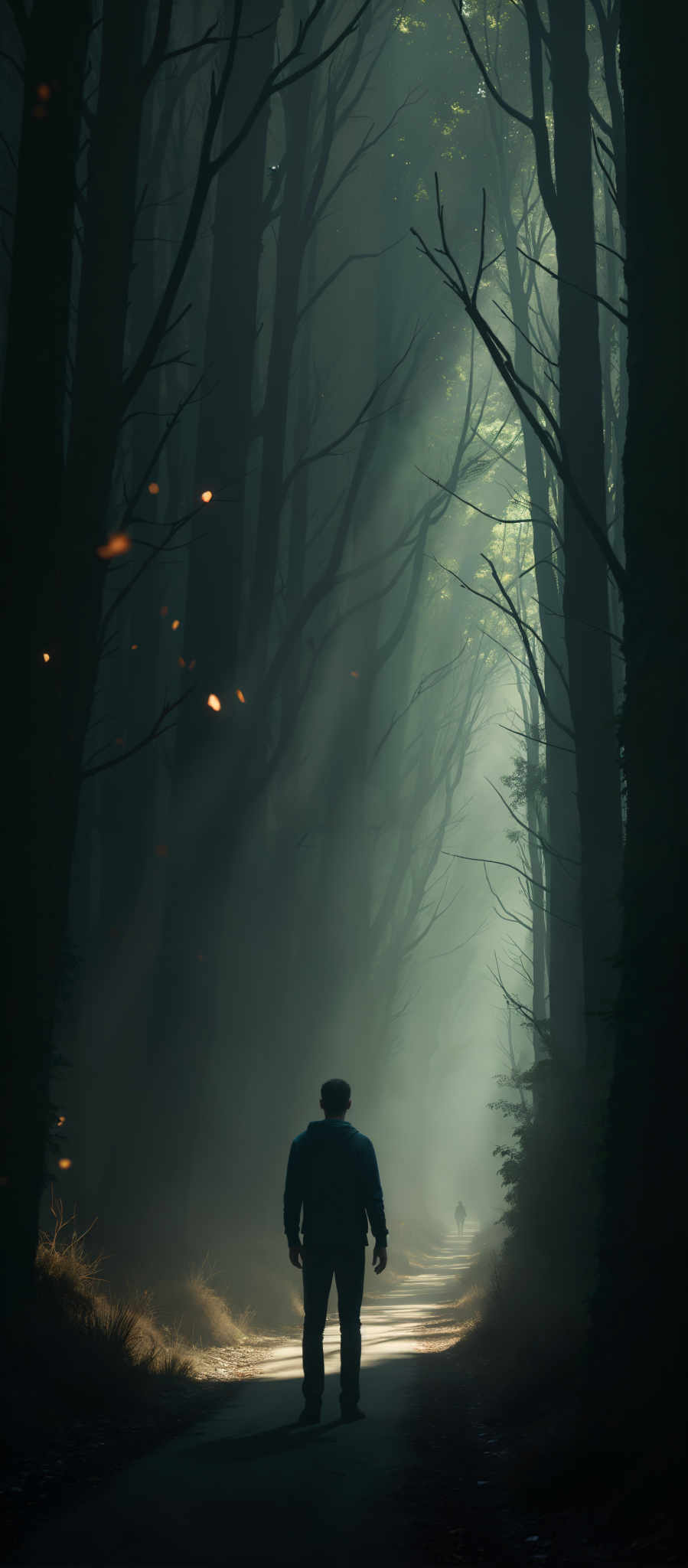 A person is walking through a forest of tall trees.