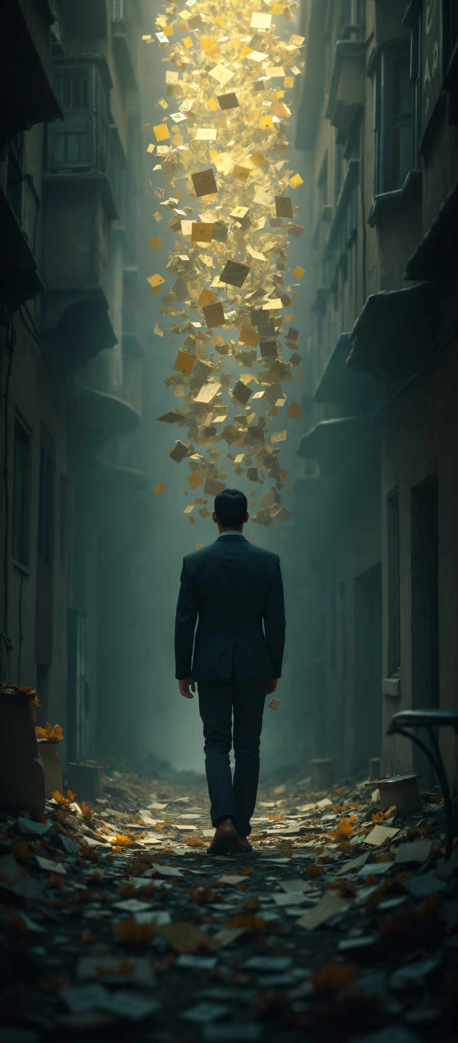 A man in a suit stands in front of a wall of falling gold blocks.